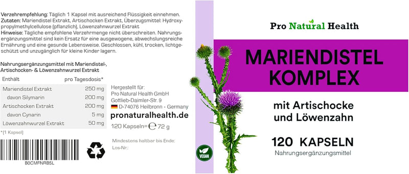 Mariendistel mit Artischocke, Löwenzahn, 80% Sylmarin I 120 Kapseln I Made in Germany I Ohne Zusatzstoffe & Ohne Magnesiumstearat I Glutenfrei & Laktosefrei