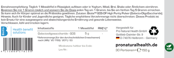 GOS - Galacto-Oligosaccharide Pulver 150g - Hochreines Präbiotika - prebiotisches Nahrungsergänzungsmittel ohne Zusätze - 100% Natürlich - BIOTIS Inside - Halal & Koscher -
